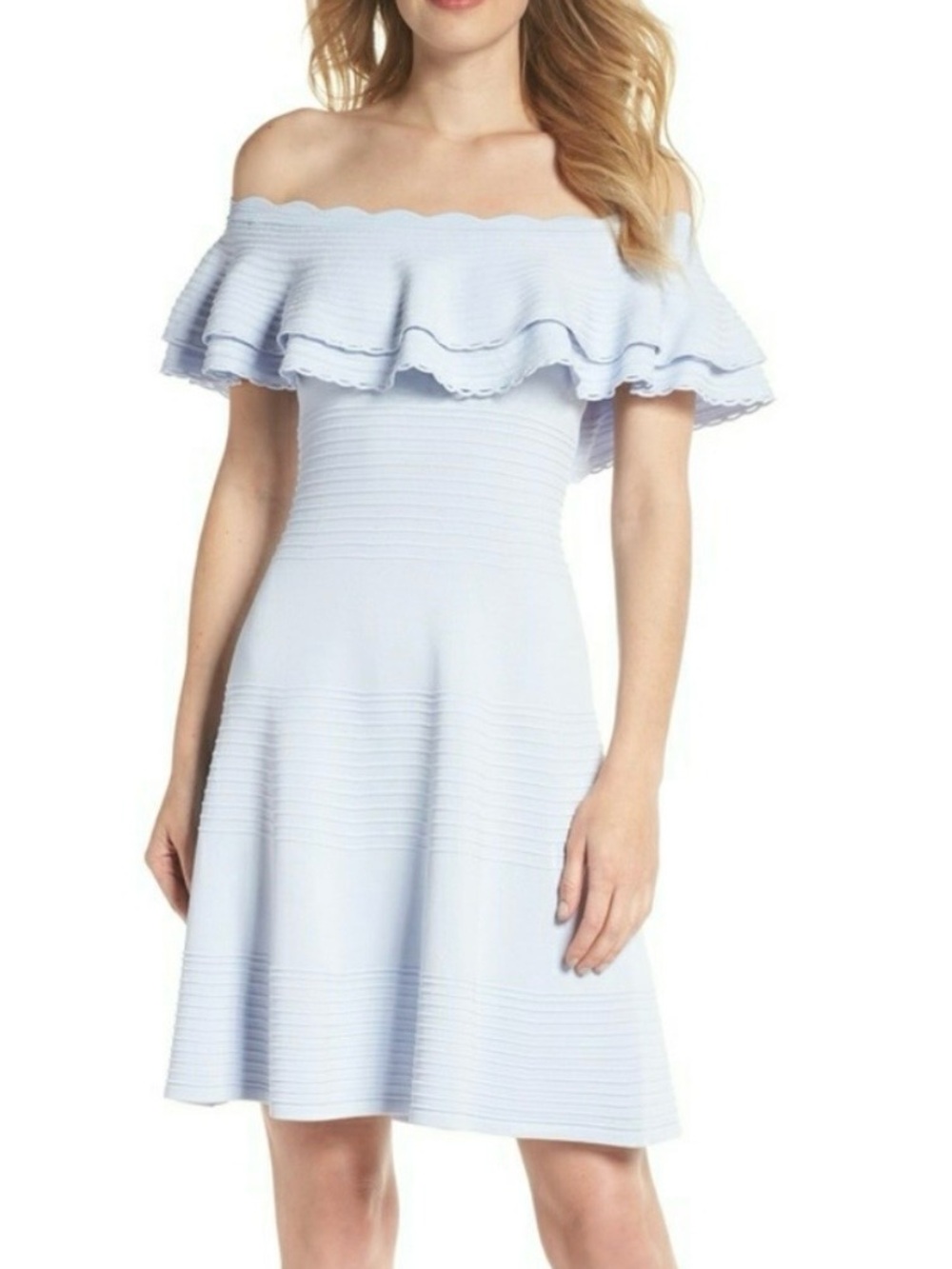 Eliza J Off-Shoulder Light Blue Ruffle Fit & Flare Dress Comfy Stretch Casual